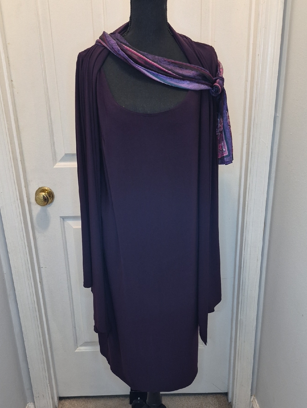 D24- Plum Purple Sleeveless Dress with attached Draped Cardigan - sz XL